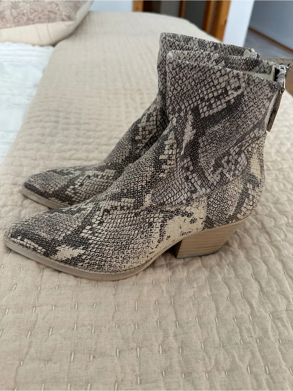 Dolce Vita Snake-Print Pointed Toe Ankle Booties in Neutral